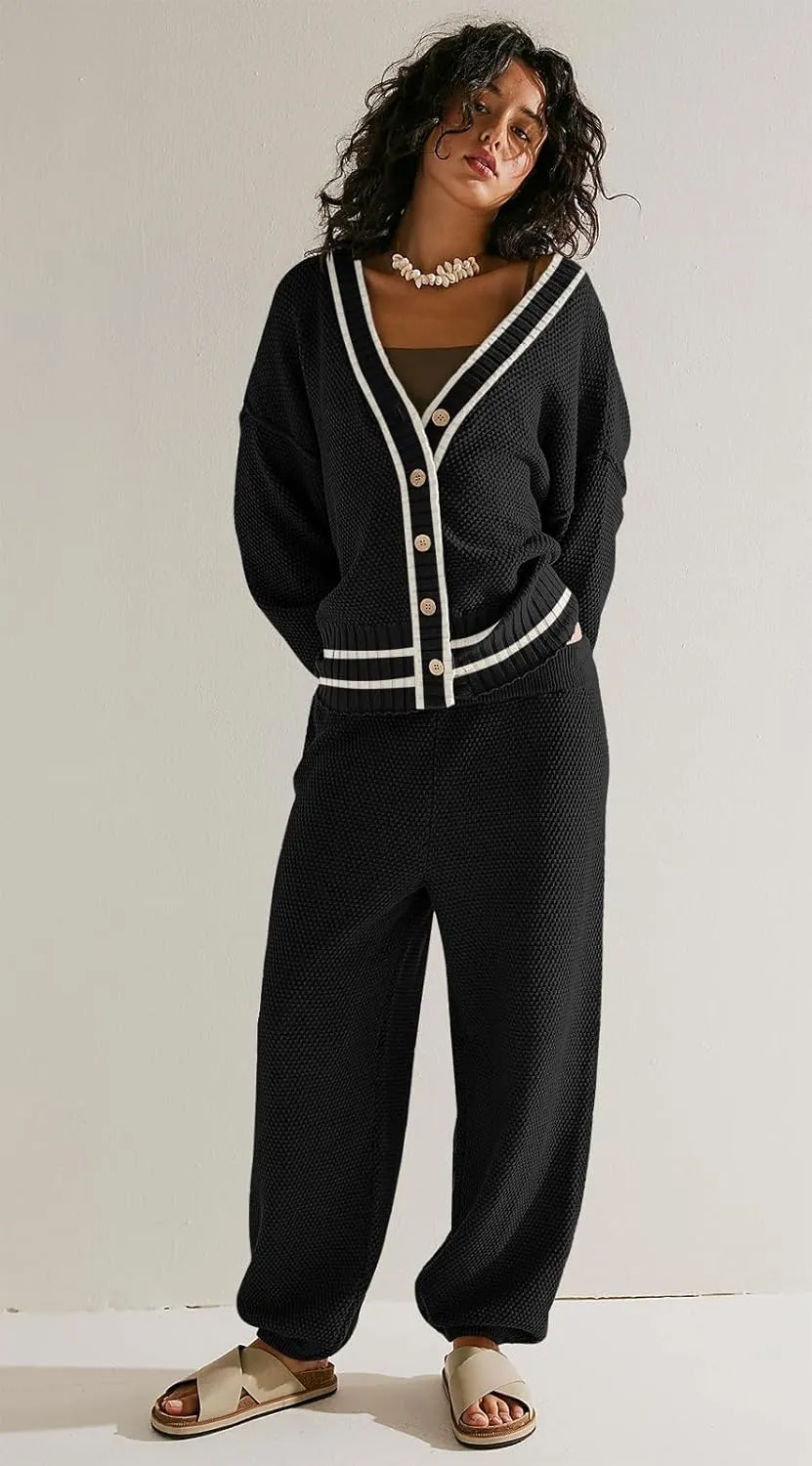 SAUKOLE Womens Two Piece Outfits Knit Sweater Sets Oversized Button Down Cardigan and Long Pants Matching Lounge Set