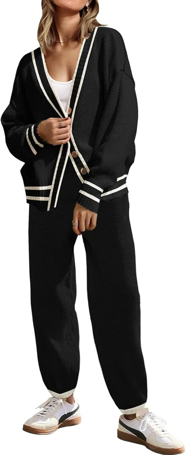 SAUKOLE Womens Two Piece Outfits Knit Sweater Sets Oversized Button Down Cardigan and Long Pants Matching Lounge Set