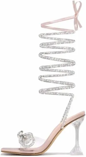 sexytag Clear Heels Diamante Bow Heels Lace Up Strap Rhinestone Sparkly Stiletto Heel Sandals