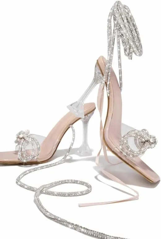 sexytag Clear Heels Diamante Bow Heels Lace Up Strap Rhinestone Sparkly Stiletto Heel Sandals