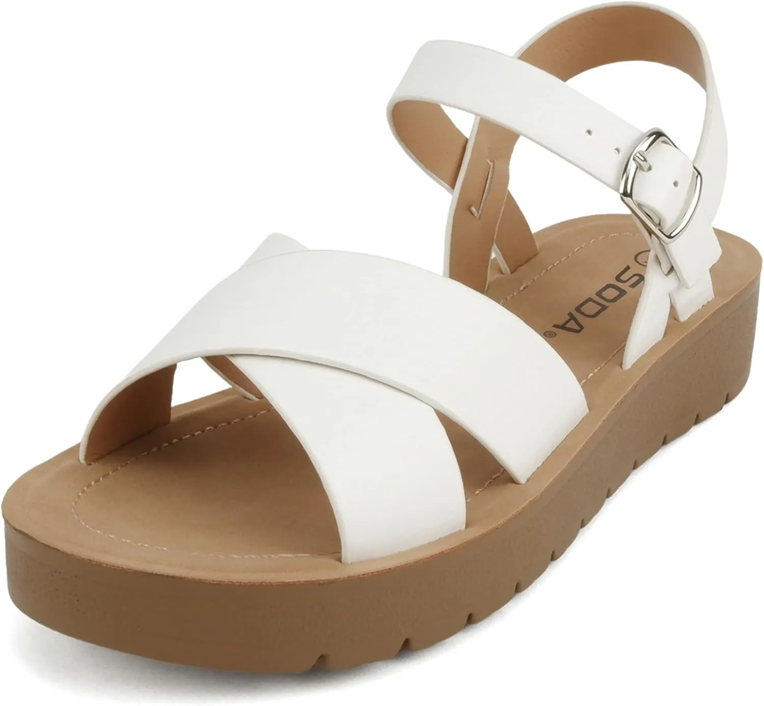 Soda CHESTER ~ Women Flat Sandals Flatform Ankle Buckle Criss Cross Band Straps Sandals Shoes