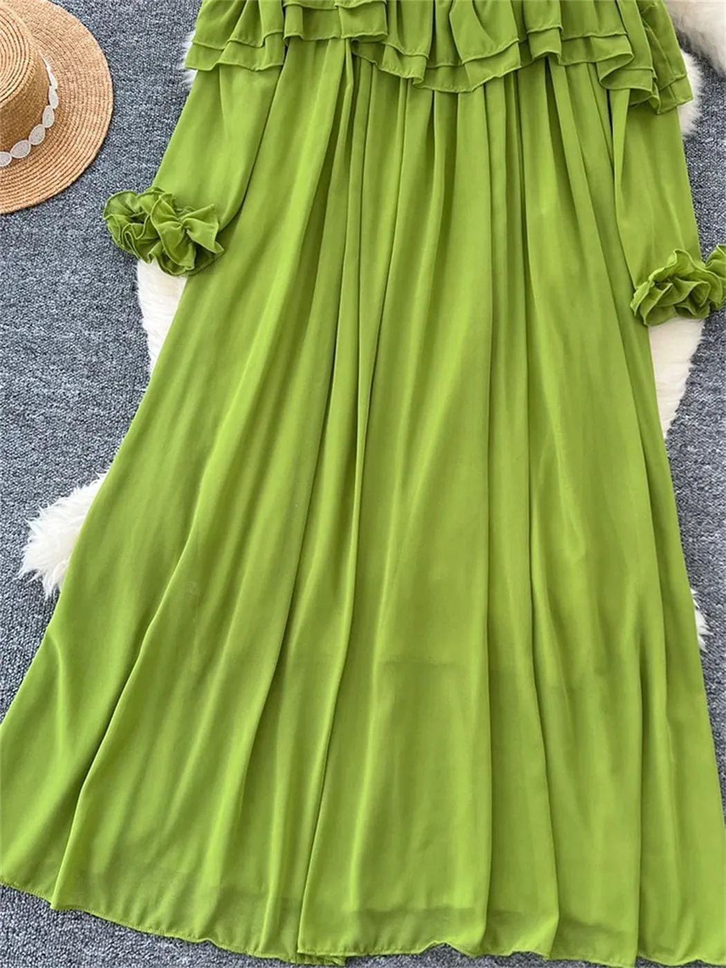 Spring Fashion Loose Chiffon Dress for Women French Style Mushrooms Edged Long Sleeve Long Dress