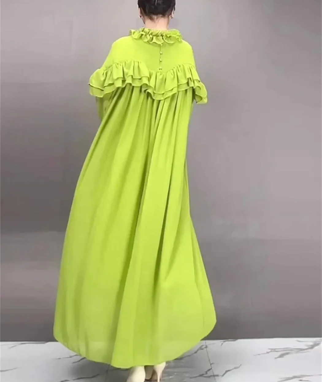 Spring Fashion Loose Chiffon Dress for Women French Style Mushrooms Edged Long Sleeve Long Dress