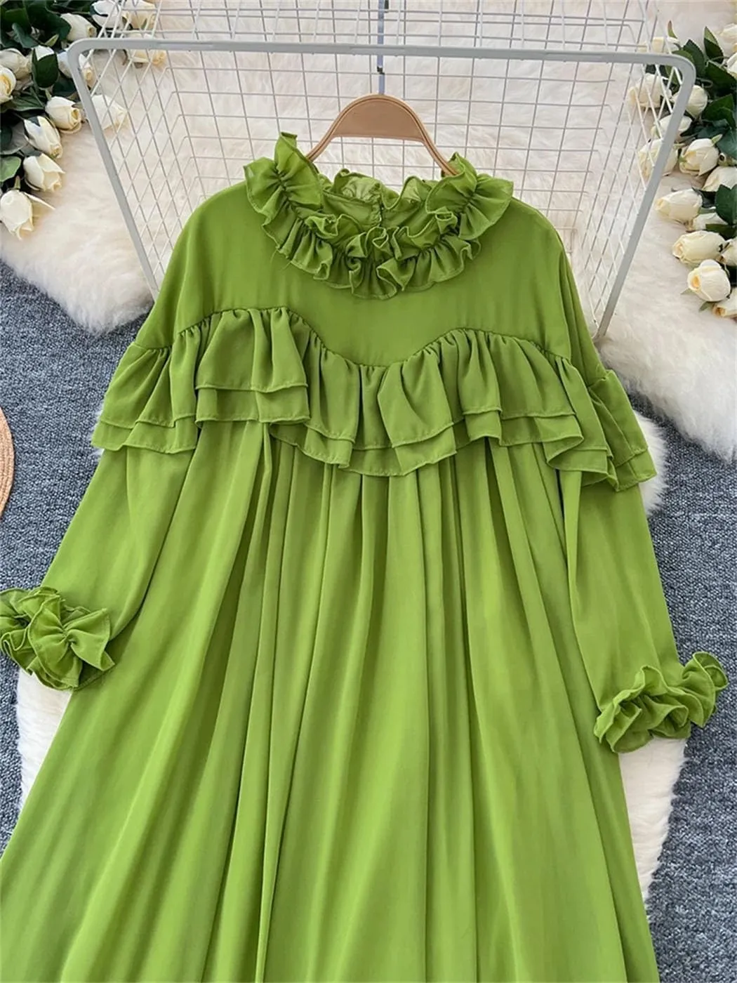 Spring Fashion Loose Chiffon Dress for Women French Style Mushrooms Edged Long Sleeve Long Dress