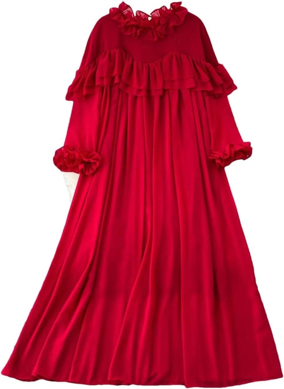 Spring Fashion Loose Chiffon Dress for Women French Style Mushrooms Edged Long Sleeve Long Dress