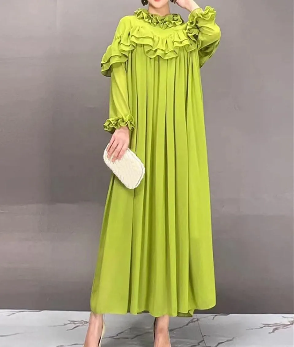 Spring Fashion Loose Chiffon Dress for Women French Style Mushrooms Edged Long Sleeve Long Dress