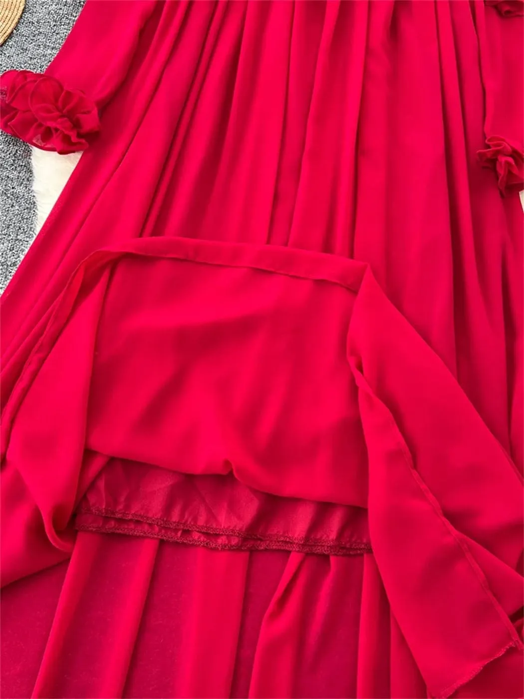 Spring Fashion Loose Chiffon Dress for Women French Style Mushrooms Edged Long Sleeve Long Dress