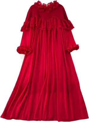 Spring Fashion Loose Chiffon Dress for Women French Style Mushrooms Edged Long Sleeve Long Dress