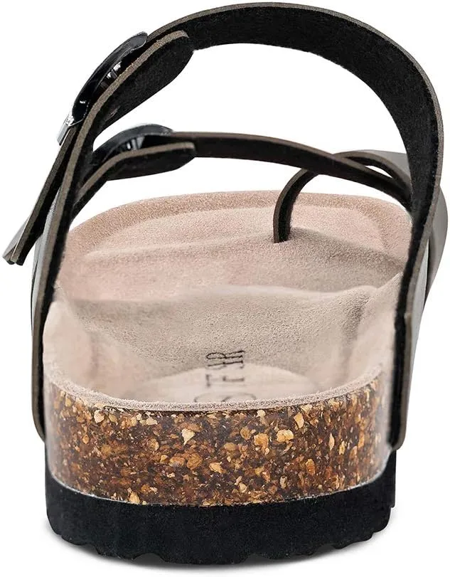 TF STAR Adjustable Sandals, Flat Leather Casual Slippers for Women & Ladies, Flip-Flops Ring Open-Toe Slide Cork Footbed for Teenagers/Girls