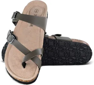 TF STAR Adjustable Sandals, Flat Leather Casual Slippers for Women & Ladies, Flip-Flops Ring Open-Toe Slide Cork Footbed for Teenagers/Girls