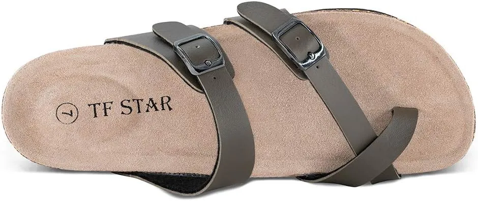 TF STAR Adjustable Sandals, Flat Leather Casual Slippers for Women & Ladies, Flip-Flops Ring Open-Toe Slide Cork Footbed for Teenagers/Girls
