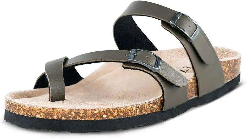 TF STAR Adjustable Sandals, Flat Leather Casual Slippers for Women & Ladies, Flip-Flops Ring Open-Toe Slide Cork Footbed for Teenagers/Girls