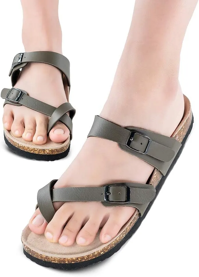 TF STAR Adjustable Sandals, Flat Leather Casual Slippers for Women & Ladies, Flip-Flops Ring Open-Toe Slide Cork Footbed for Teenagers/Girls