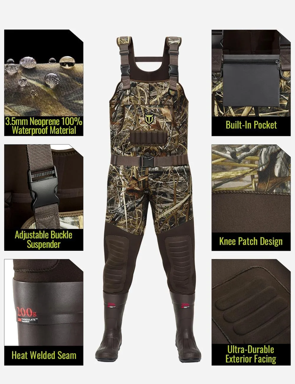 TIDEWE Hunting Waders with 200G Insulation Rubber Boots, Waterproof Cleated Neoprene Bootfoot Fishing Chest Waders