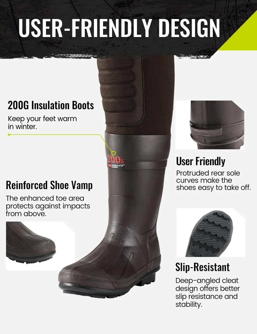 TIDEWE Hunting Waders with 200G Insulation Rubber Boots, Waterproof Cleated Neoprene Bootfoot Fishing Chest Waders