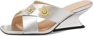 TinaCus Genuine Leather Women's Open Toe Handmade Flowers Mid Heels Sandals Slippers