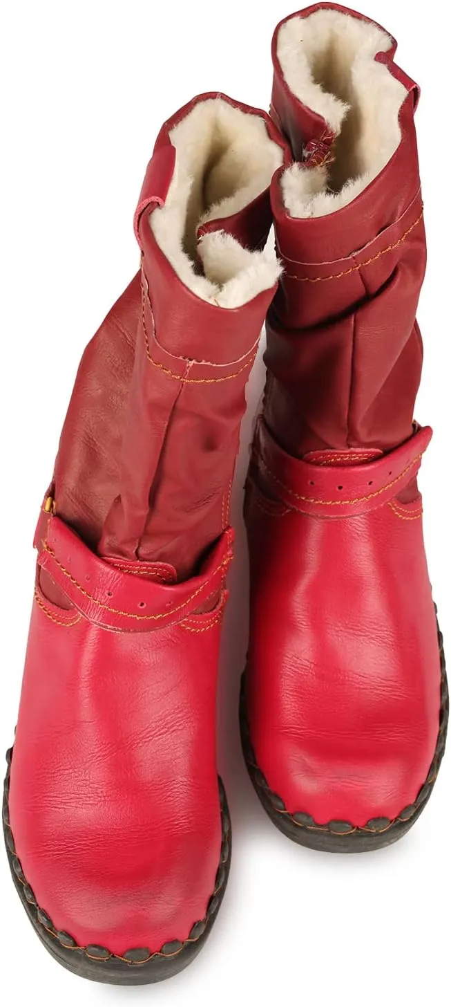 TMA EYES Buckle-Accent Leather Faux Fur Women Boots
