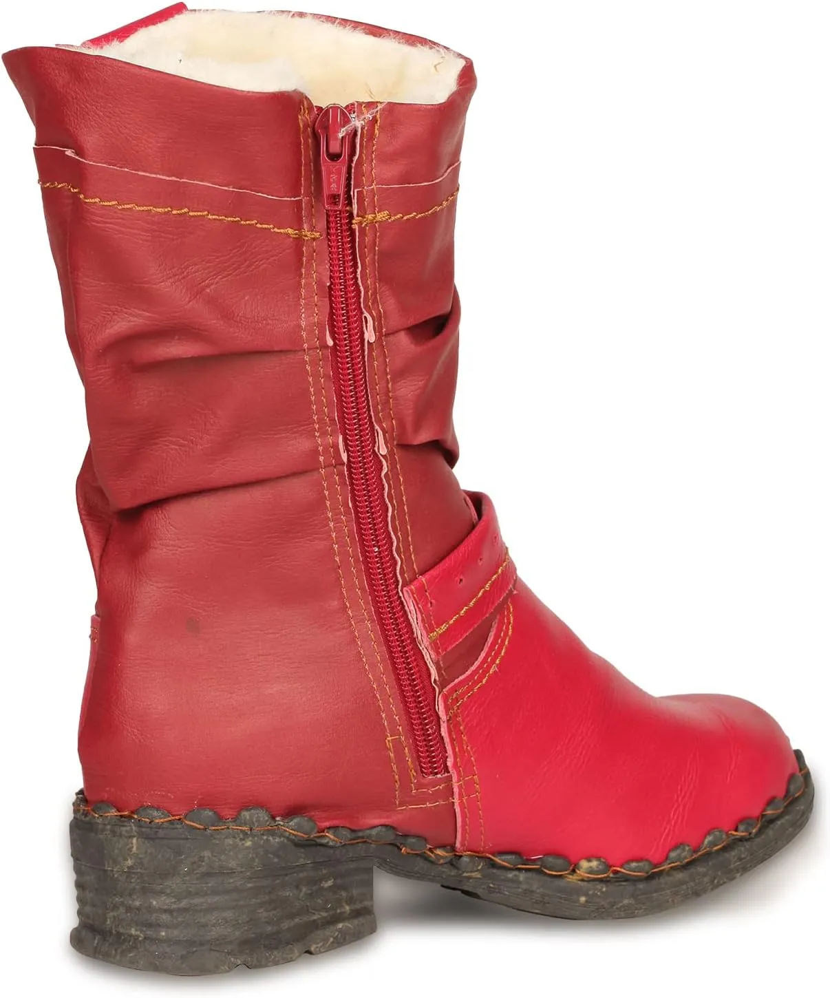 TMA EYES Buckle-Accent Leather Faux Fur Women Boots