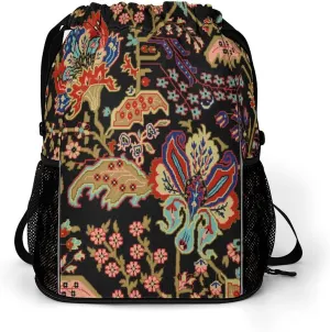 Traditional Digital Flowers Drawstring Gym Backpack Ethnic Thai Ikat Sports Travel Daypack Sackpack Pockets String Cinch Bag for Men & Women