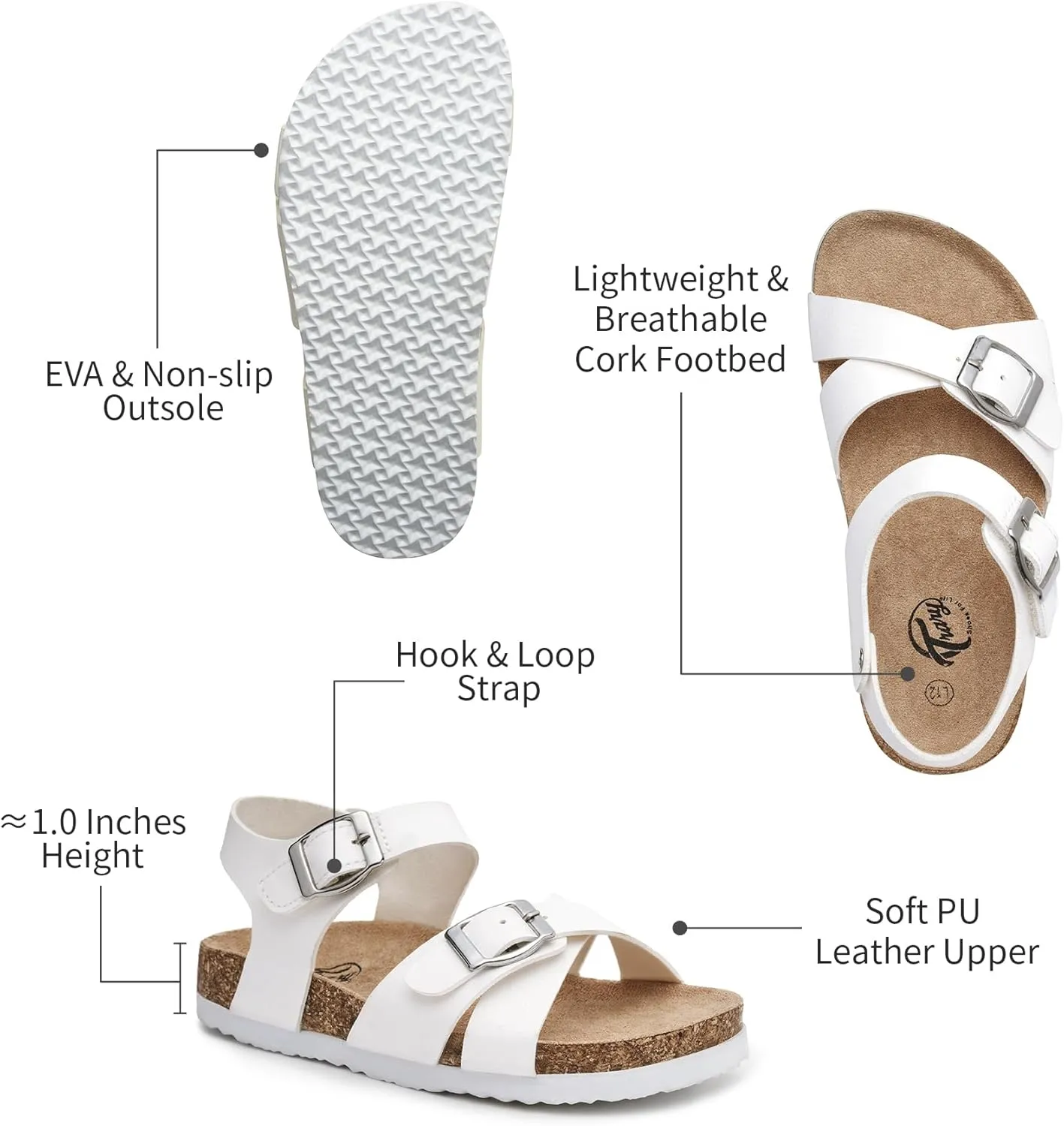 Trary Girls Sandals Open Toe Casual Summer Shoes with Cork Footbed Comfortable Flat Sandals for Little Kids