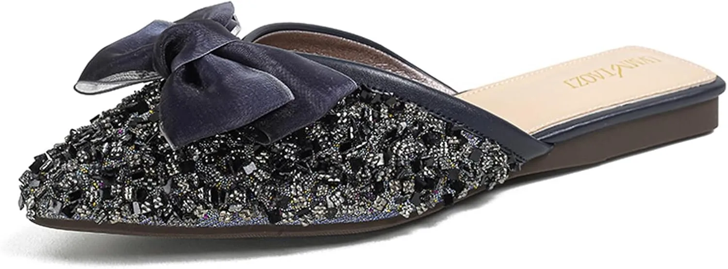 URLECHS Women's Fashion Rhinestone Mules Bow Decorated Flats Comfortable Slip On Backless Loafers Closed Pointed Toe Casual Slides