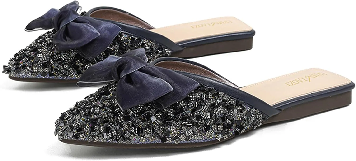 URLECHS Women's Fashion Rhinestone Mules Bow Decorated Flats Comfortable Slip On Backless Loafers Closed Pointed Toe Casual Slides