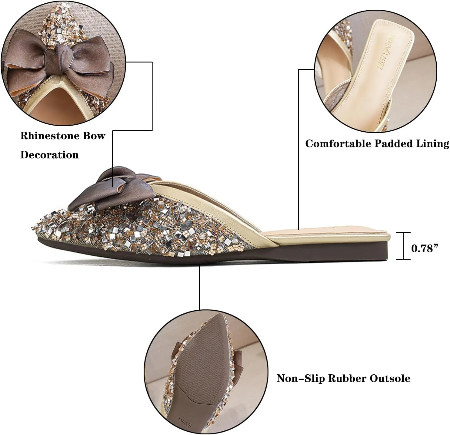 URLECHS Women's Fashion Rhinestone Mules Bow Decorated Flats Comfortable Slip On Backless Loafers Closed Pointed Toe Casual Slides
