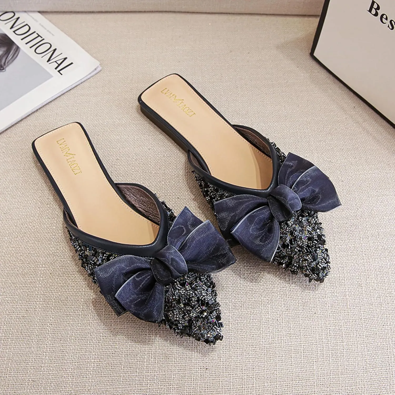 URLECHS Women's Fashion Rhinestone Mules Bow Decorated Flats Comfortable Slip On Backless Loafers Closed Pointed Toe Casual Slides