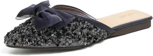 URLECHS Women's Fashion Rhinestone Mules Bow Decorated Flats Comfortable Slip On Backless Loafers Closed Pointed Toe Casual Slides