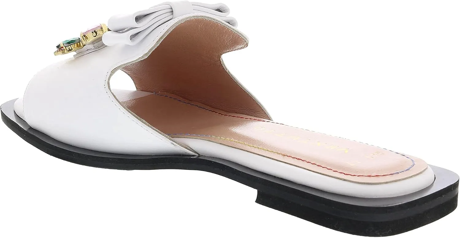 Ventutto White Crystal Embellished Bow Flat Leather Slide- for womens