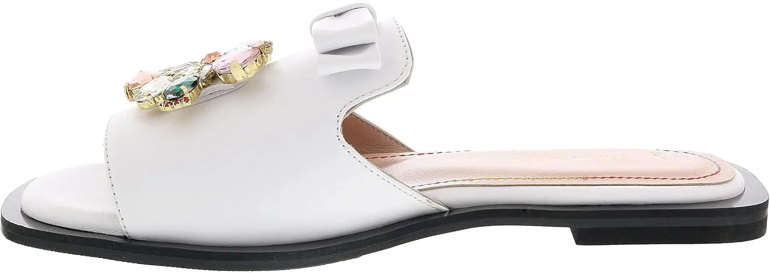 Ventutto White Crystal Embellished Bow Flat Leather Slide- for womens