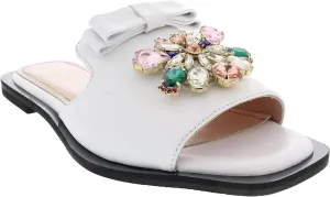 Ventutto White Crystal Embellished Bow Flat Leather Slide- for womens