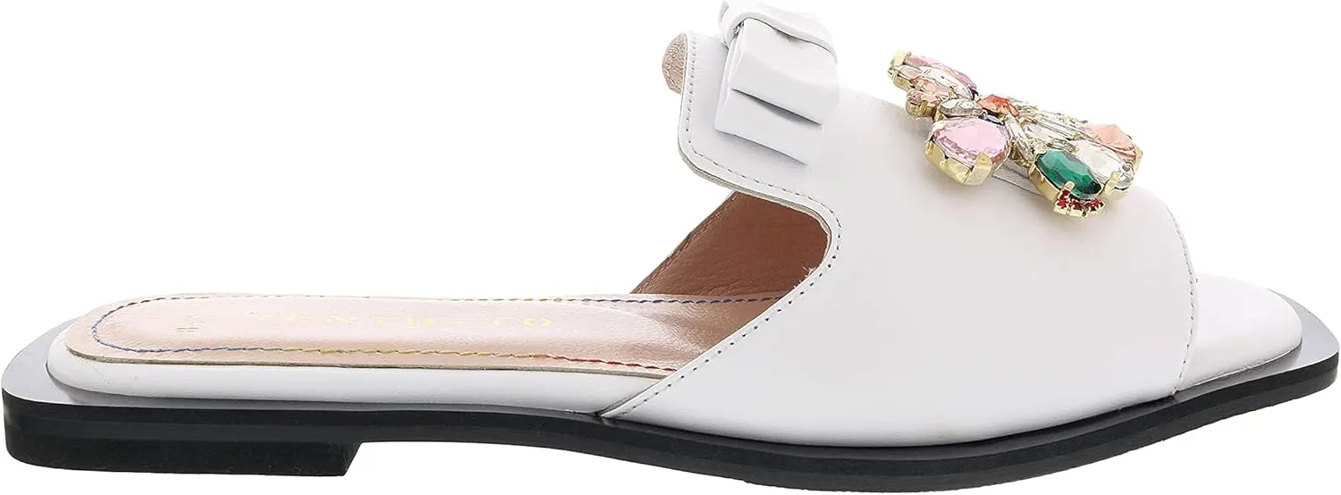 Ventutto White Crystal Embellished Bow Flat Leather Slide- for womens