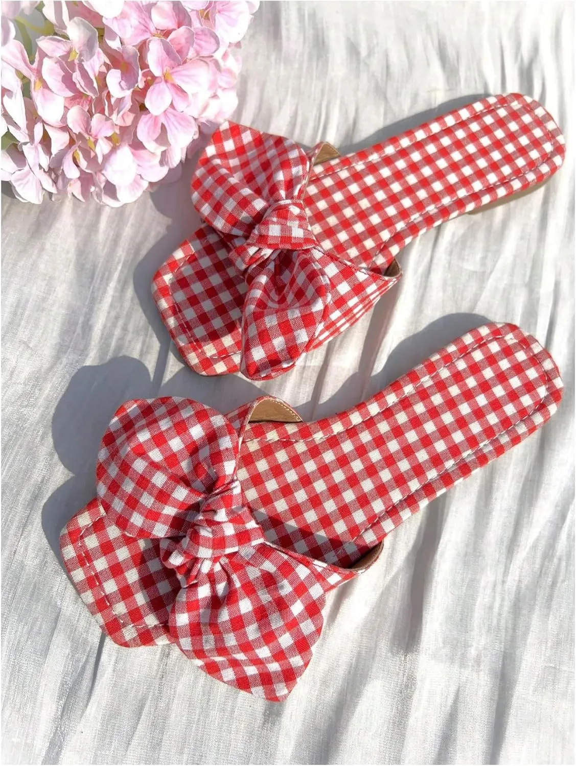 Verdusa Women's Gingham Y2K Plaid Bow Sandals Summer Vacation Leather Flat Sandals