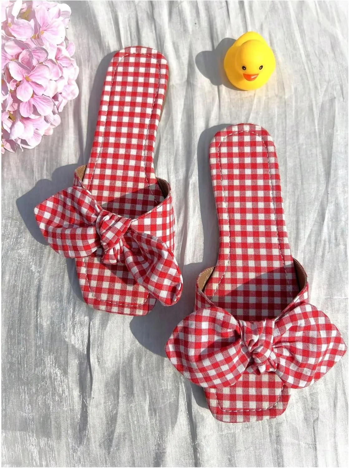 Verdusa Women's Gingham Y2K Plaid Bow Sandals Summer Vacation Leather Flat Sandals
