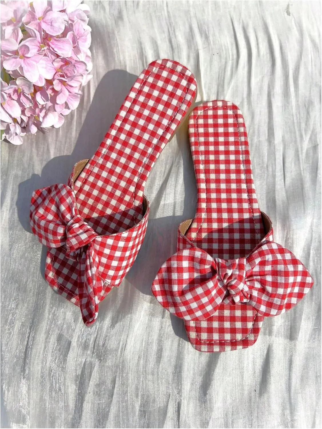 Verdusa Women's Gingham Y2K Plaid Bow Sandals Summer Vacation Leather Flat Sandals