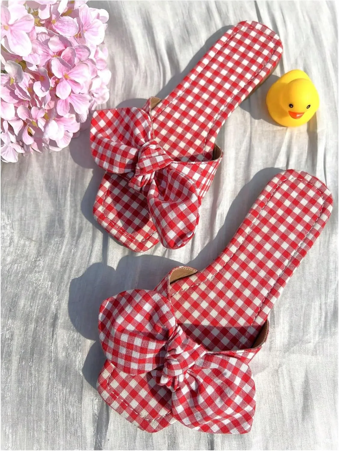 Verdusa Women's Gingham Y2K Plaid Bow Sandals Summer Vacation Leather Flat Sandals