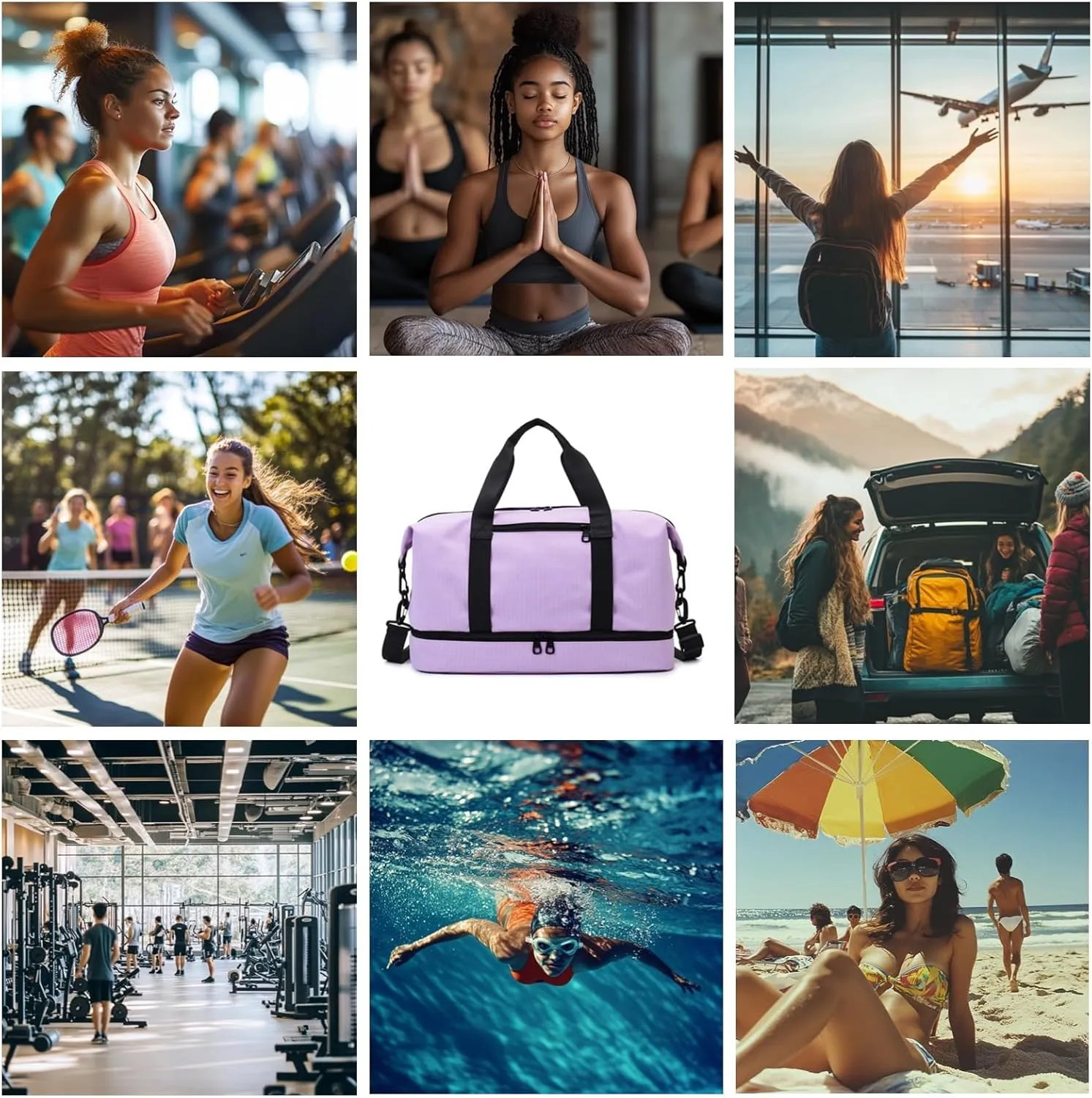 Versatile Sports Bag for Women Men - Multipurpose Gym and Travel Duffel with Wet Dry Compartment, Independent Shoe Storage, and Detachable Shoulder Strap (Purple)
