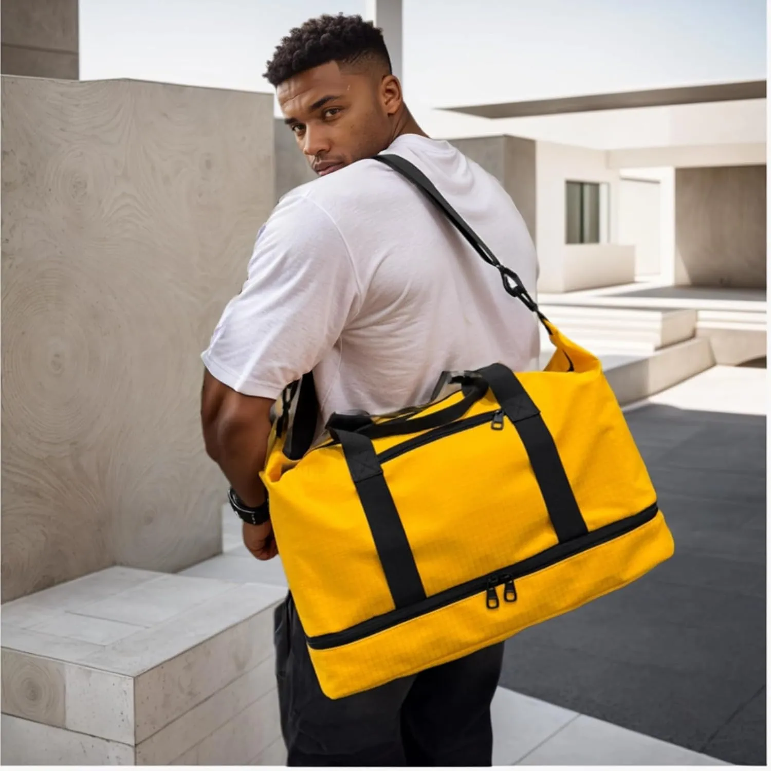 Versatile Sports Bag for Women Men - Multipurpose Gym and Travel Duffel with Wet Dry Compartment, Independent Shoe Storage, and Detachable Shoulder Strap (Yellow)