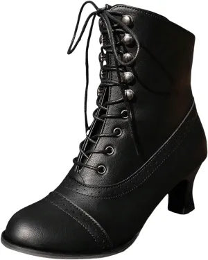 Victorian Boots for Women Vintage Ankle Short Boots Lace Up for Women Side Zipper Block Chunky Mid Heel Shoes