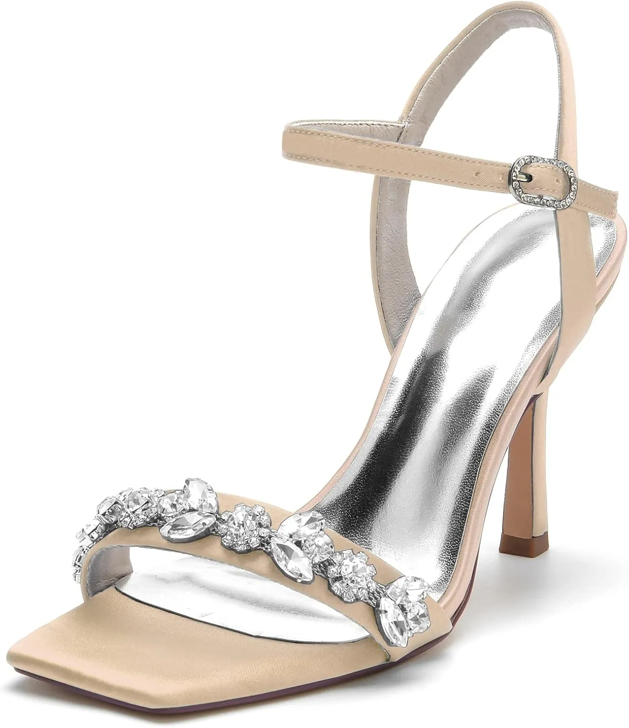 Wedding Bridal Shoes Women's Satin Stiletto Sandals Bridal Heeled Sandals Slingback Heels Square Toe Shoes for Party Prom Dress 9.5Cm