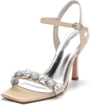 Wedding Bridal Shoes Women's Satin Stiletto Sandals Bridal Heeled Sandals Slingback Heels Square Toe Shoes for Party Prom Dress 9.5Cm