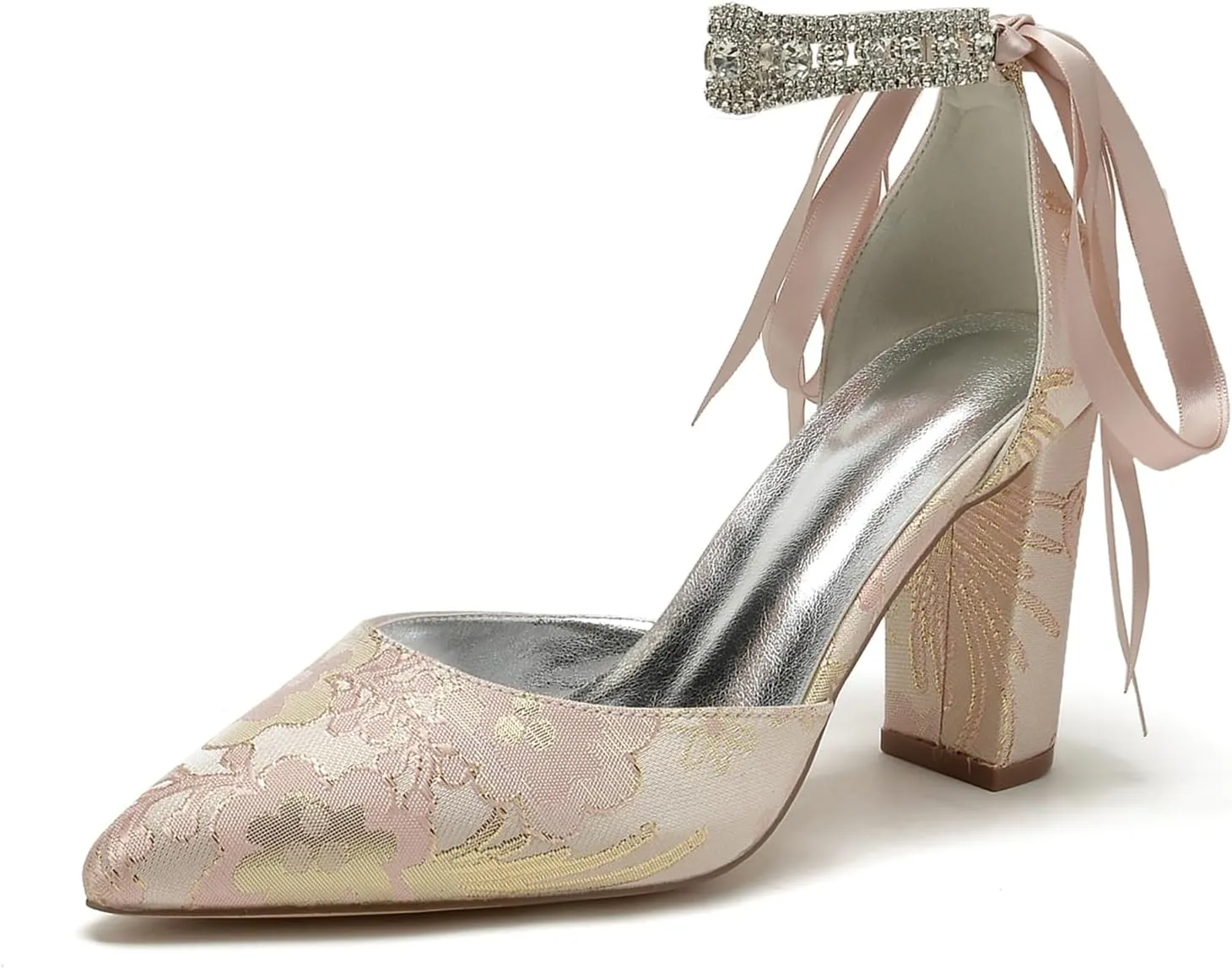 Wedding Shoes for Bride Closed Toe Block Heel Womens High Heels Pointed Toe Pumps Bridal Shoes Bowknot Strap Pearl Sandals Floral Satin Evening,Pink,6