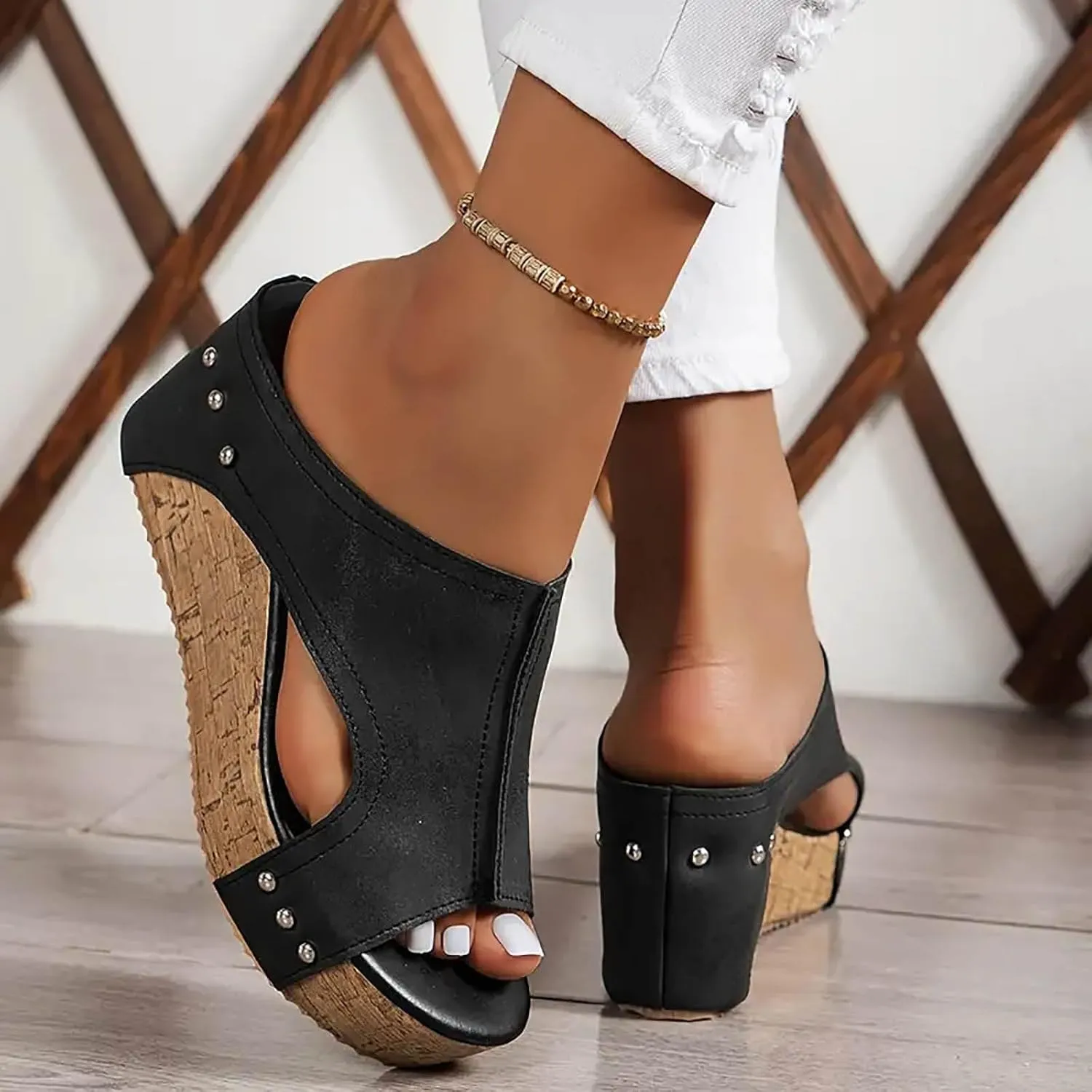 Wedges Sandals for Women Dressy 2025, Open Toe Cutout Zipper Chunky Heeled New Hollow Slip on Summer Beach Boho Comfortable Outdoor Shoes Comfy Orthotic Peep Black Fish Mouth Sandals