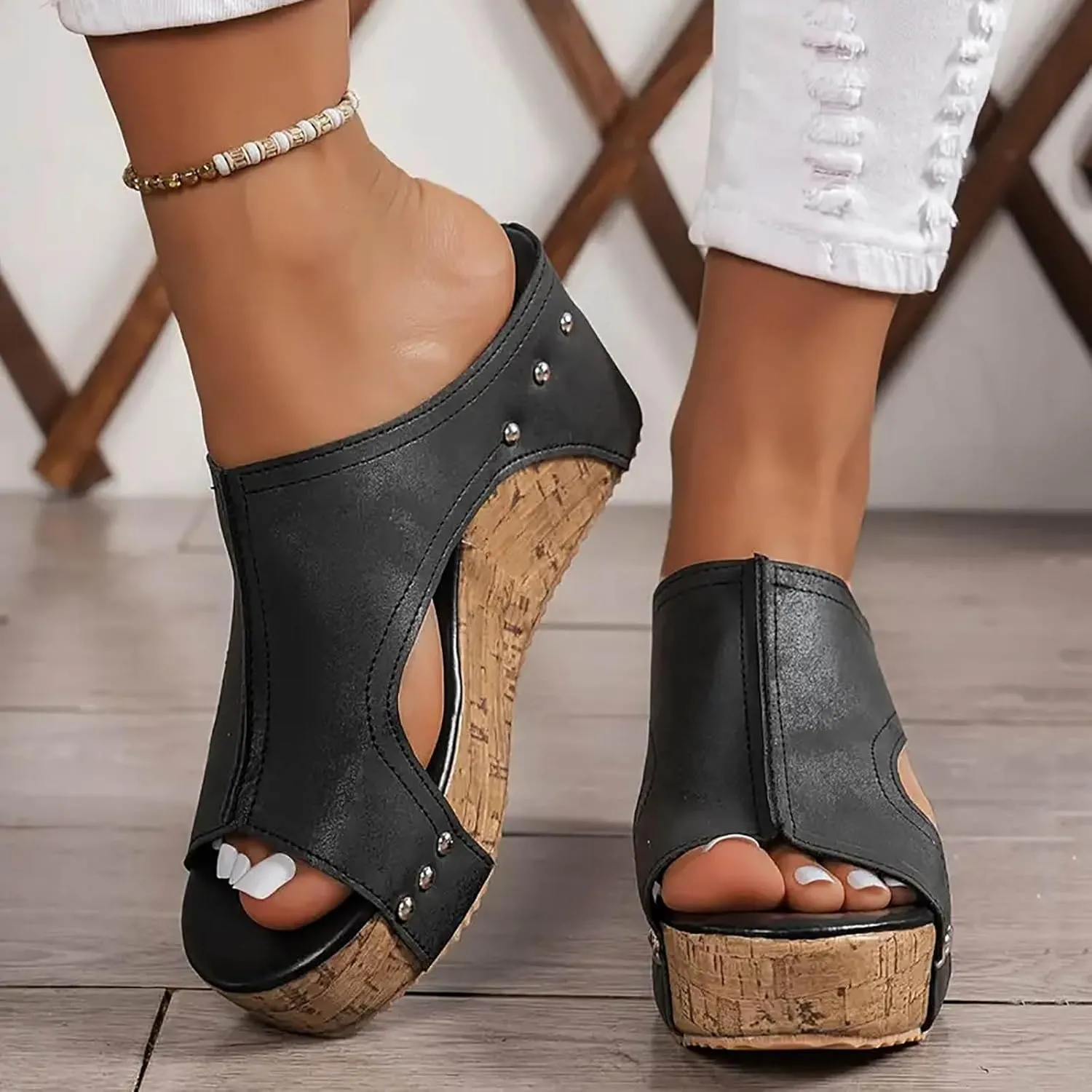 Wedges Sandals for Women Dressy 2025, Open Toe Cutout Zipper Chunky Heeled New Hollow Slip on Summer Beach Boho Comfortable Outdoor Shoes Comfy Orthotic Peep Black Fish Mouth Sandals