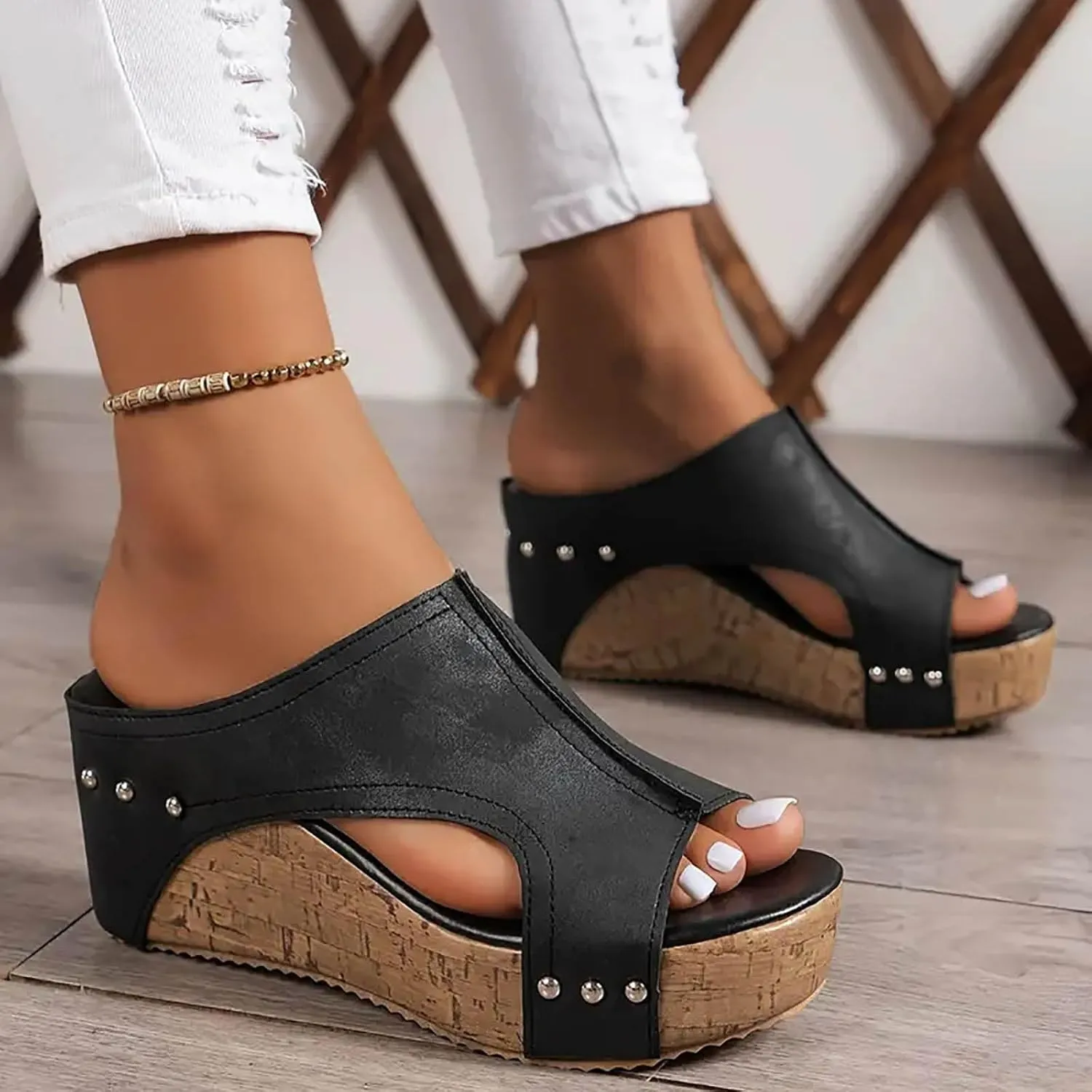 Wedges Sandals for Women Dressy 2025, Open Toe Cutout Zipper Chunky Heeled New Hollow Slip on Summer Beach Boho Comfortable Outdoor Shoes Comfy Orthotic Peep Black Fish Mouth Sandals