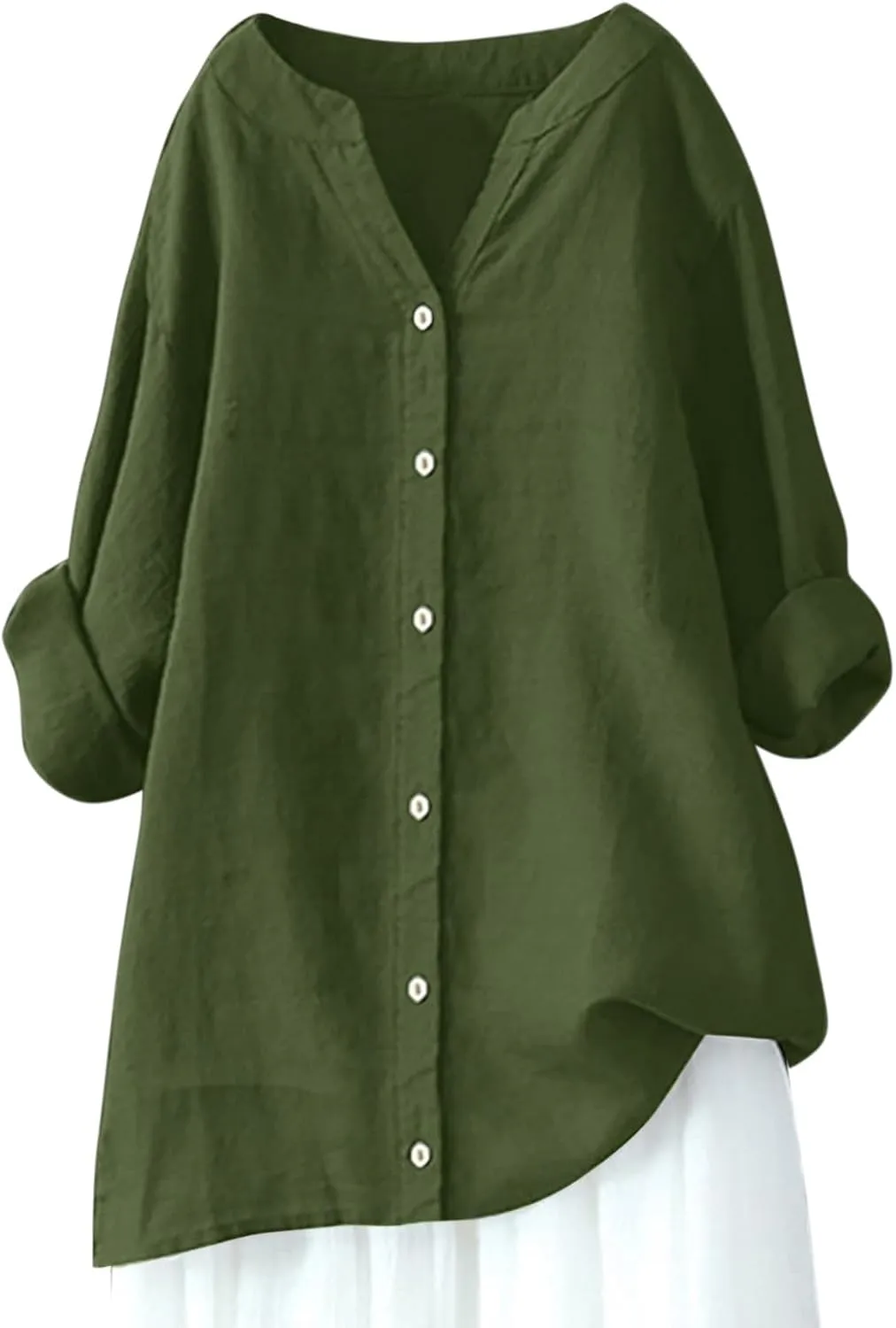 Wkishenl Oversized Cotton Linen Shirt for Women Casual Solid Button Down V-Neck Tops Long Sleeve Loose Fit Blouse Basic Tee