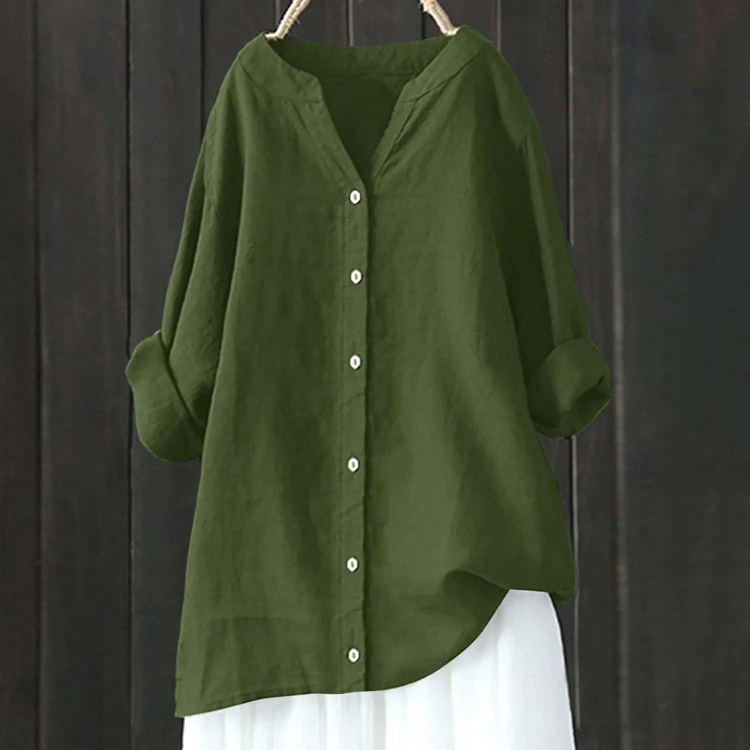 Wkishenl Oversized Cotton Linen Shirt for Women Casual Solid Button Down V-Neck Tops Long Sleeve Loose Fit Blouse Basic Tee