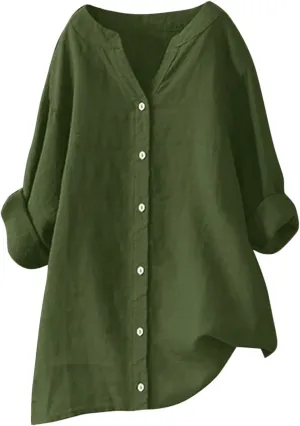 Wkishenl Oversized Cotton Linen Shirt for Women Casual Solid Button Down V-Neck Tops Long Sleeve Loose Fit Blouse Basic Tee
