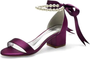Women Block Heel Satin Pearls Wedding Sandals Open Toe Ribbon Tie Party Dress Heeled Sandal Shoes 702-7